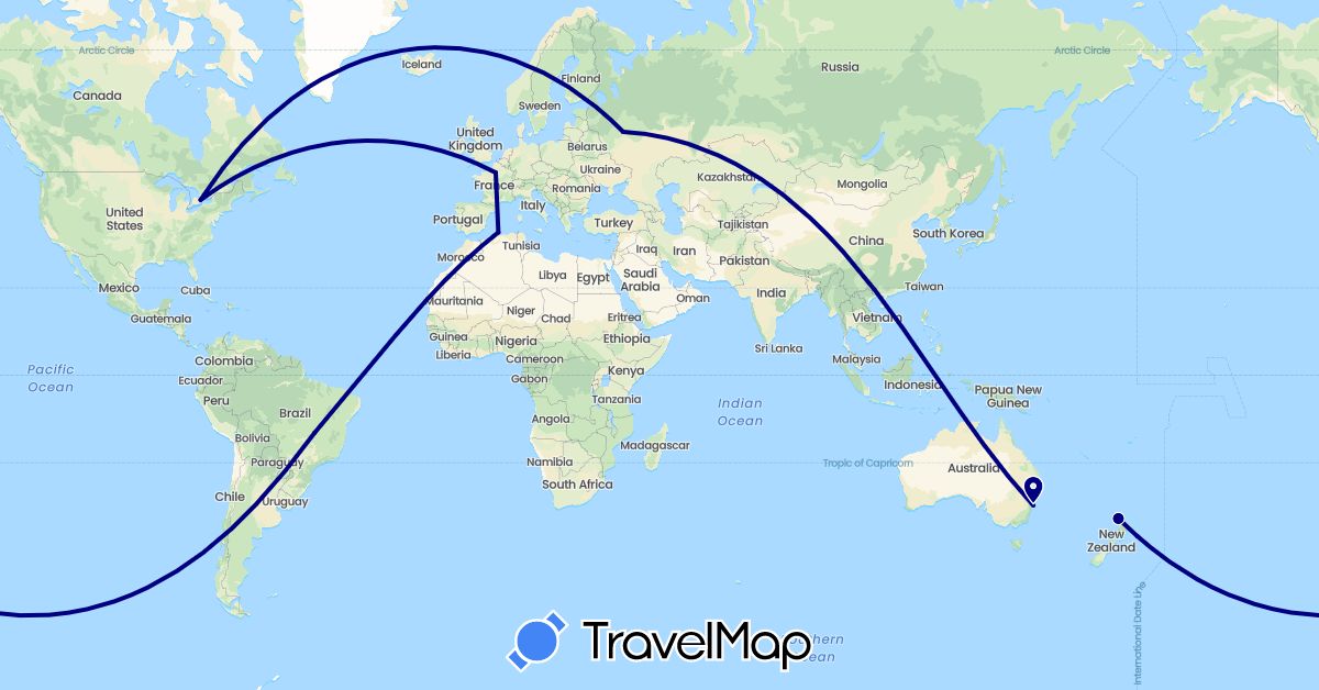 TravelMap itinerary: driving in Australia, Brazil, Canada, Algeria, France, New Zealand, Russia (Africa, Europe, North America, Oceania, South America)