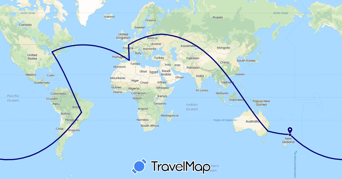 TravelMap itinerary: driving in Australia, Brazil, Canada, Algeria, France, New Zealand, Russia (Africa, Europe, North America, Oceania, South America)